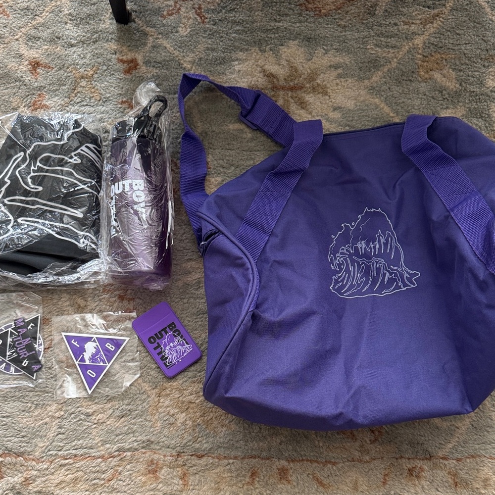 Fall Out Boy 2017 mania tour VIP swag bag. Purple Tote Bag with Accessories